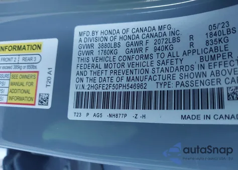 2023 Honda Civic Sport z USA, uszkodzony, nr VIN 2HGFE2F50PH546962